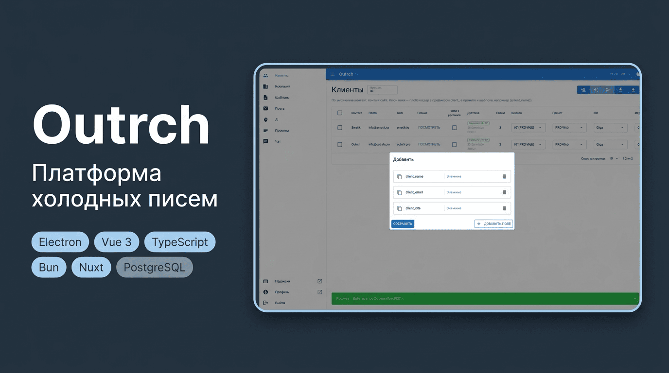 Laptop with the Outrch app: a client list and a first email draft
