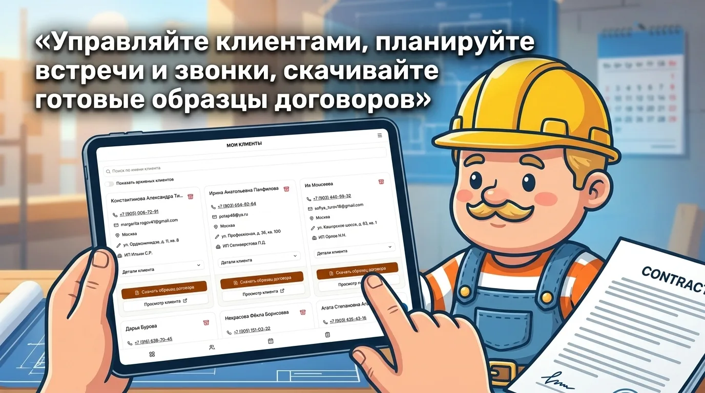Manage clients, plan meetings and calls, download ready contract samples in Smetik