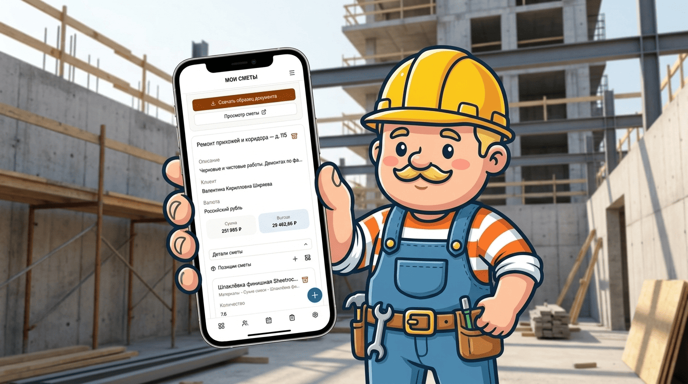 A smartphone showing an estimate on a construction site with no network signal — the Smetik offline app